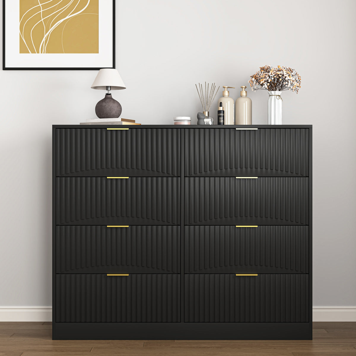 Modern 8 Drawers Dresser Chests for Bedroom,47.2 inch Wide Wood Chest of Drawers with Gold Metal Handle,Drawer Organizer for Bedroom,Living Room,Hallway and Entryway,Black