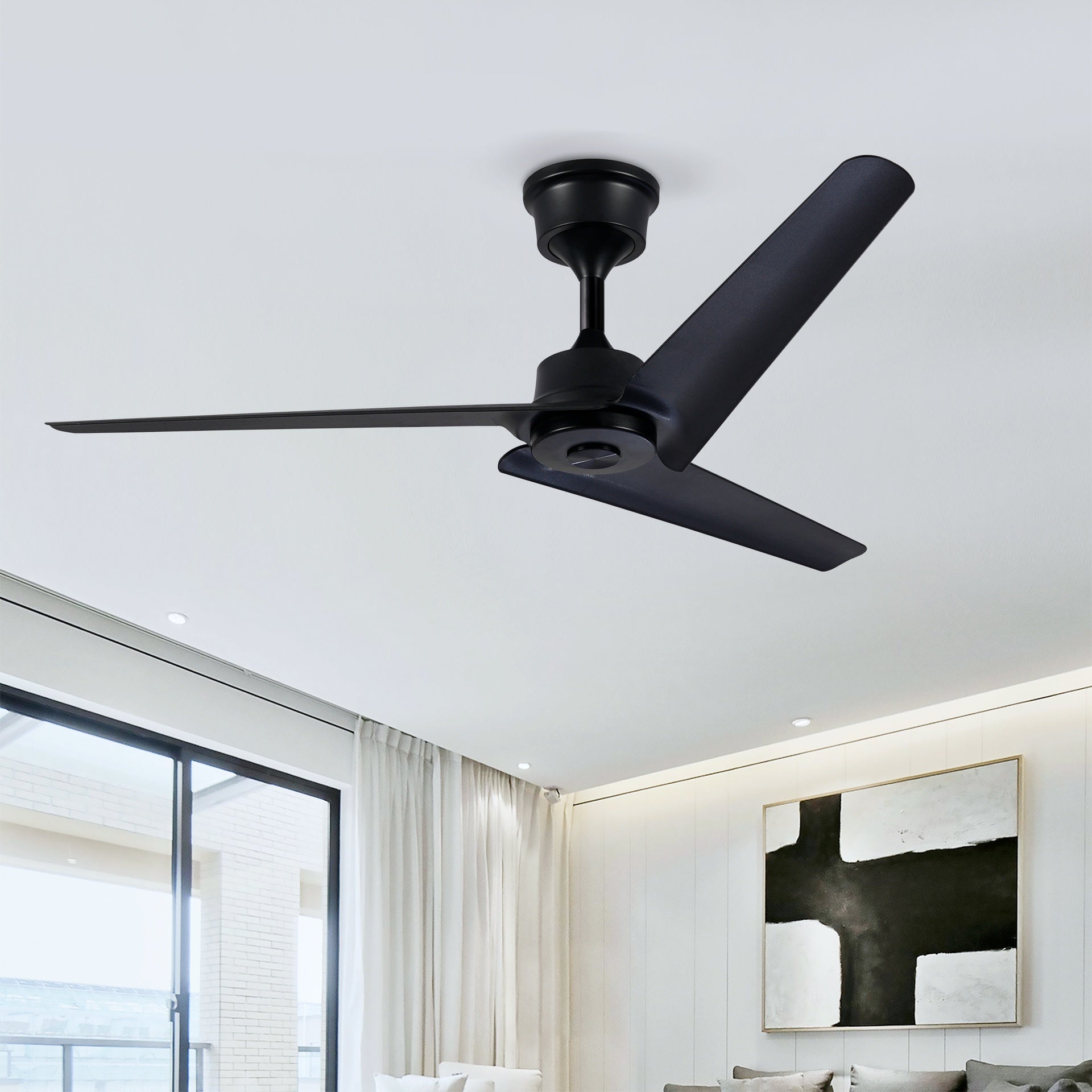 52''Flush Mount & Rod  ABS 3 Blades Ceiling Fan with Remote Control No Lights, Modern Reversible DC Motor Indoor 3 Blades Ceiling Fans for Patio Bedroom Living Room-- Black