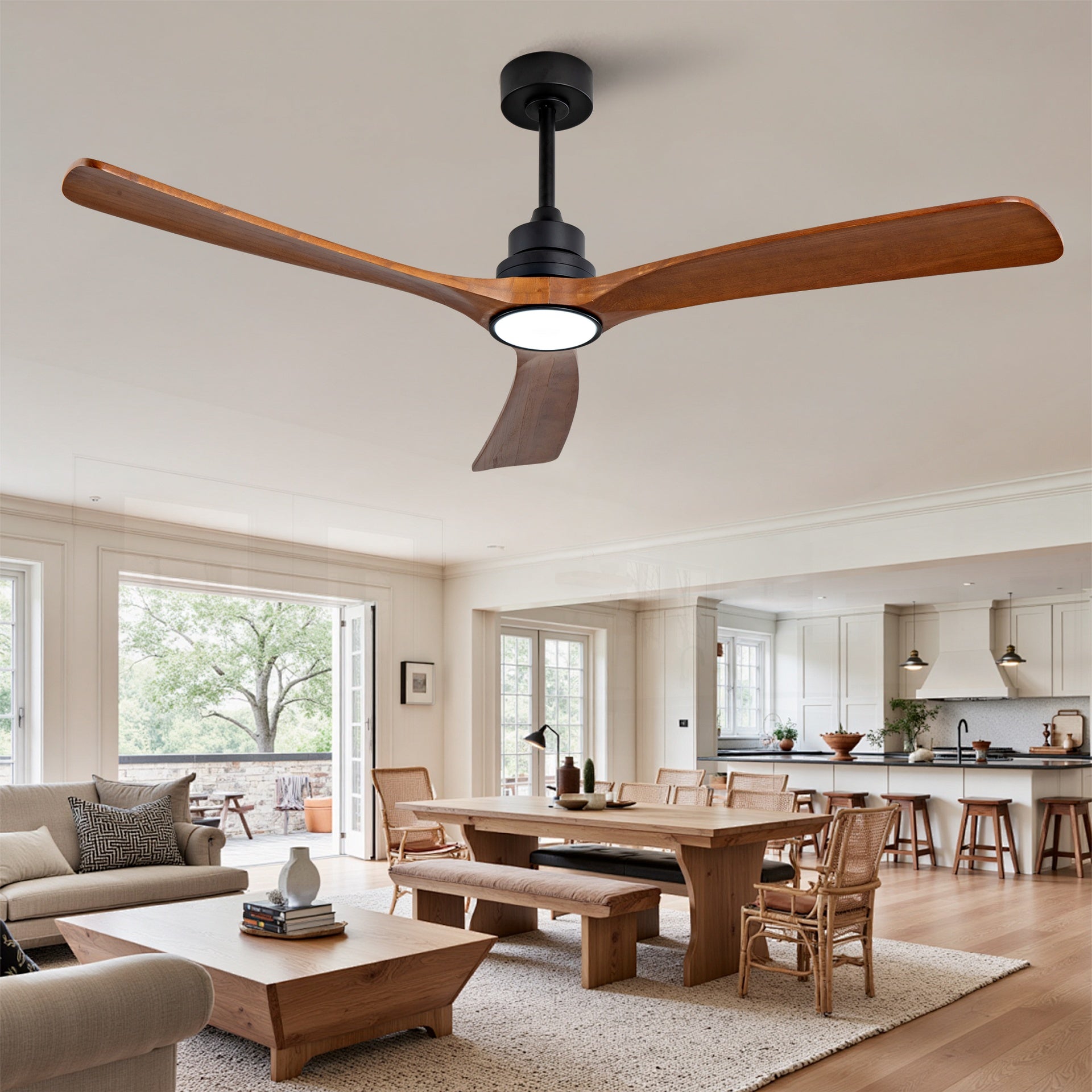 New Model 60 Inch Wood Ceiling Fan With 3 Solid Wood Blades Remote Control Reversible DC Motor For Living Room