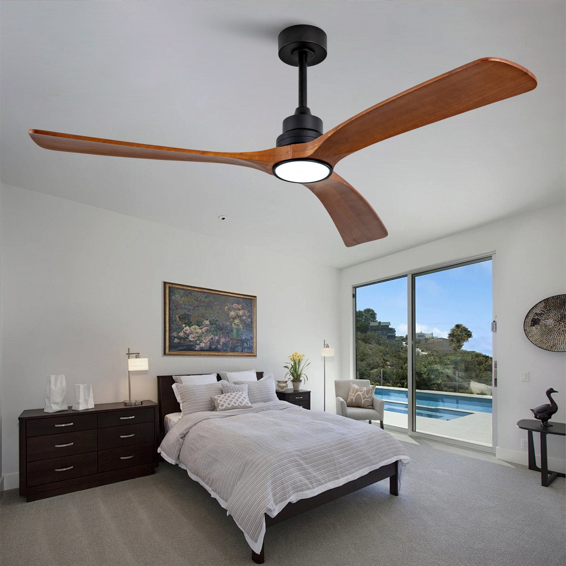 New Model 60 Inch Wood Ceiling Fan With 3 Solid Wood Blades Remote Control Reversible DC Motor For Living Room