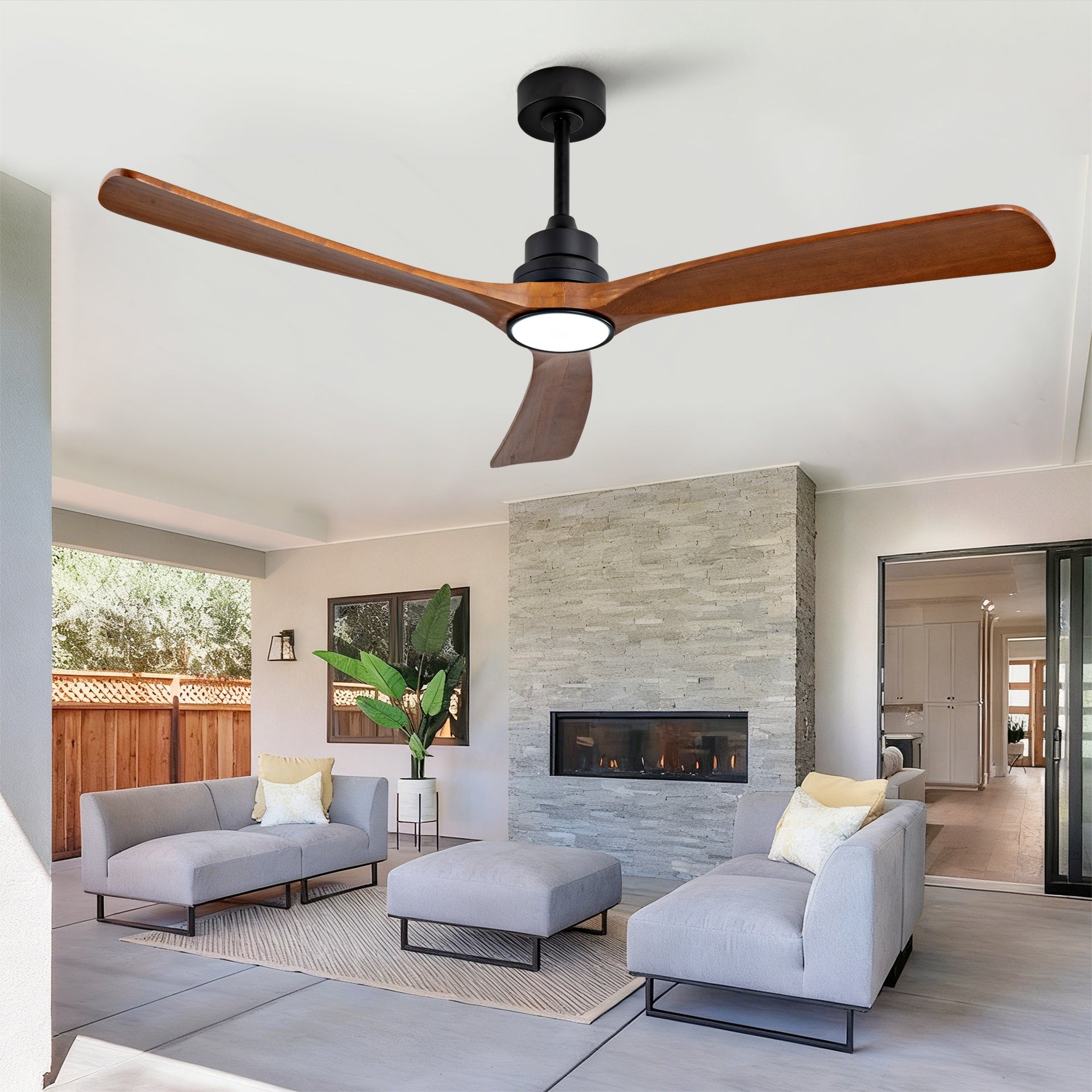 New Model 60 Inch Wood Ceiling Fan With 3 Solid Wood Blades Remote Control Reversible DC Motor For Living Room