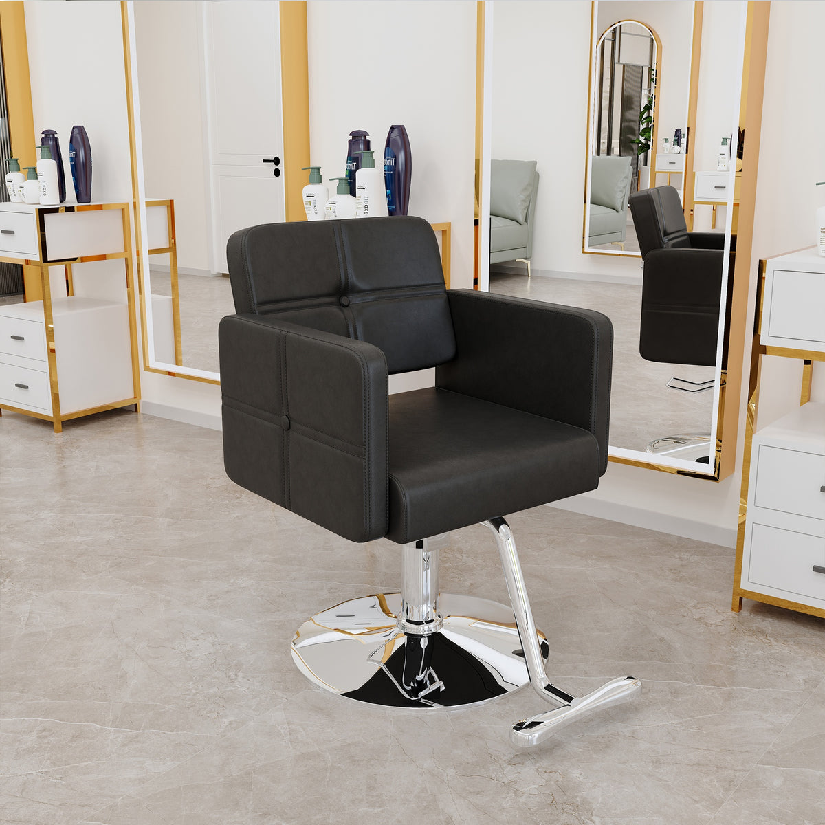 Fashionable black salon style chair with silver metal support legs - ideal for hair salons and beauty salons, adjustable and rotatable, with a single chair inside the link.