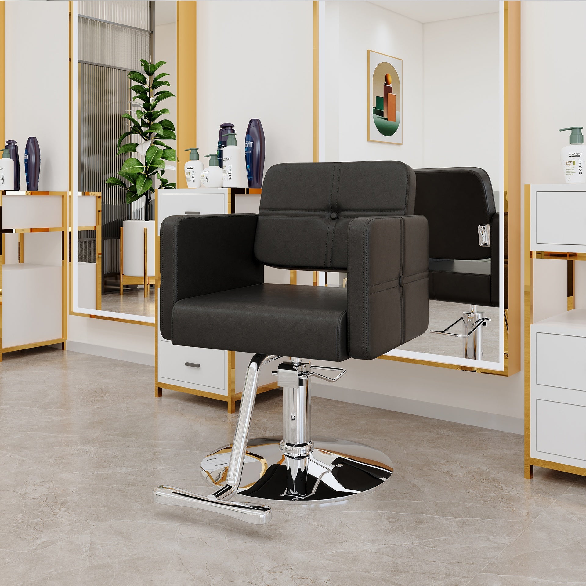 Fashionable black salon style chair with silver metal support legs - ideal for hair salons and beauty salons, adjustable and rotatable, with a single chair inside the link.