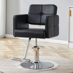 Fashionable black salon style chair with silver metal support legs - ideal for hair salons and beauty salons, adjustable and rotatable, with a single chair inside the link.