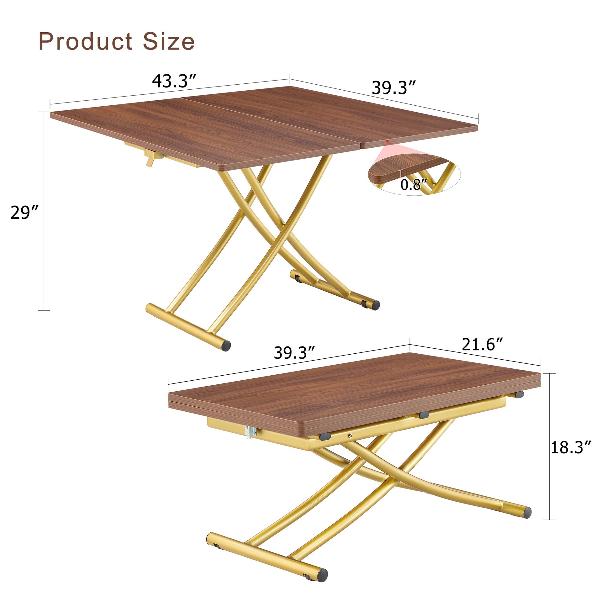 Modern minimalist multifunctional lift table with 0.8 inch thick MDF desktop and golden metal legs,can be used as a dressing table, coffee table, dining table, and office table.Walnut textured desktop
