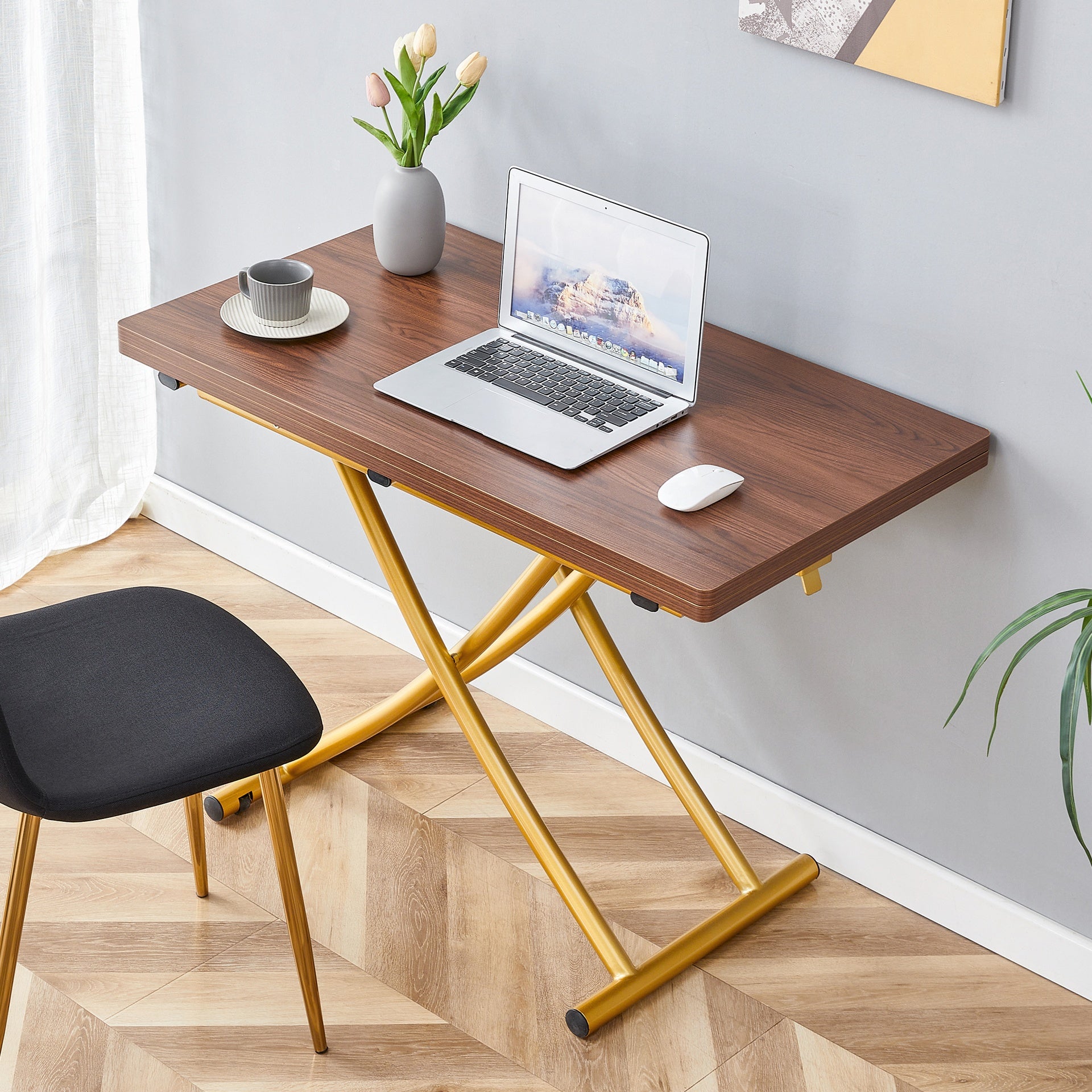 Modern minimalist multifunctional lift table with 0.8 inch thick MDF desktop and golden metal legs,can be used as a dressing table, coffee table, dining table, and office table.Walnut textured desktop