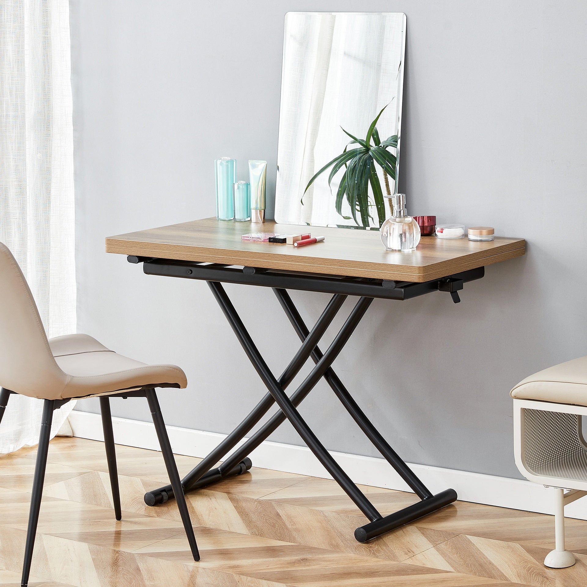Modern minimalist multifunctional lift table with 0.8 inch thick MDF desktop and black metal legs, can be used as a dressing table, coffee table, dining table, and office table.Wood textured desktop.