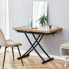 Modern minimalist multifunctional lift table with 0.8 inch thick MDF desktop and black metal legs, can be used as a dressing table, coffee table, dining table, and office table.Wood textured desktop.