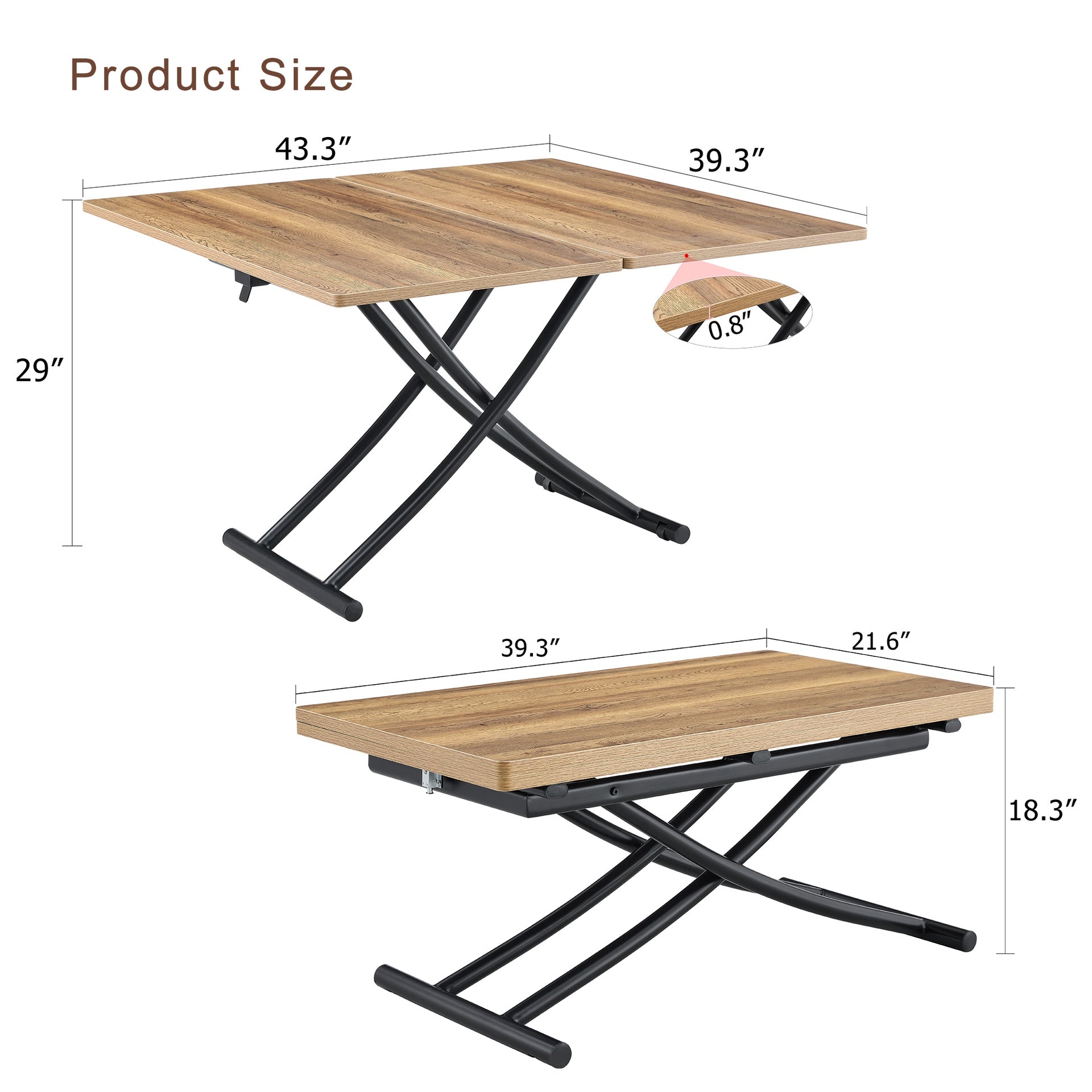 Modern minimalist multifunctional lift table with 0.8 inch thick MDF desktop and black metal legs, can be used as a dressing table, coffee table, dining table, and office table.Wood textured desktop.