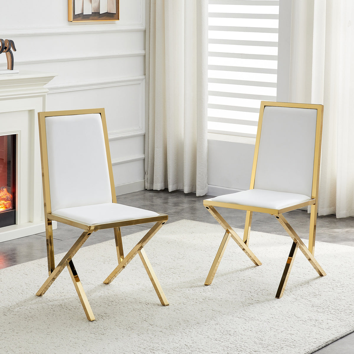 2-pack gold metal framed white PU dining chairs: ergonomic design, a simple and luxurious choice.Featuring uniquely designed gold metal legs.