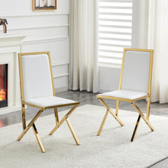 2-pack gold metal framed white PU dining chairs: ergonomic design, a simple and luxurious choice.Featuring uniquely designed gold metal legs.