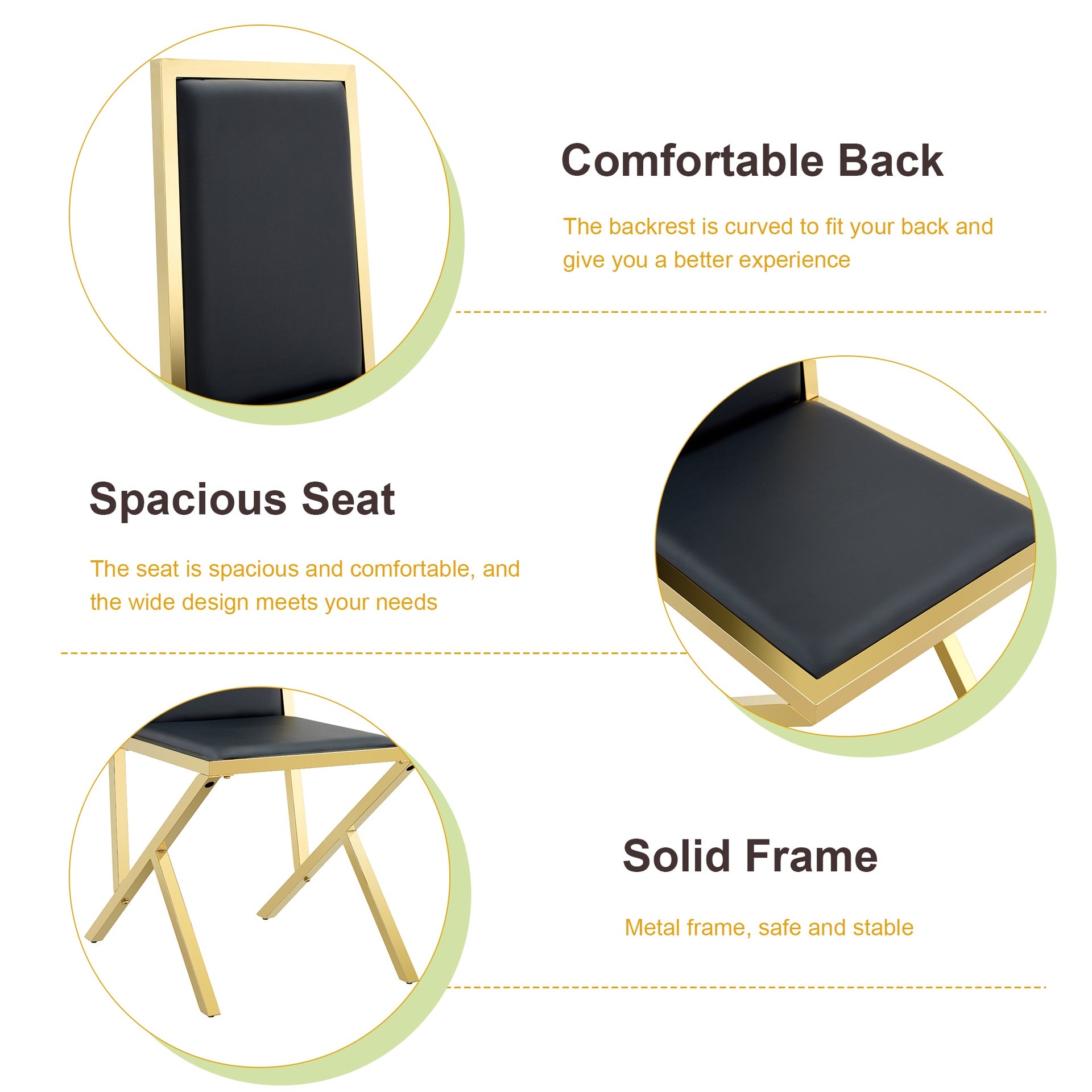2-pack gold metal framed black PU dining chairs: ergonomic design, a simple and luxurious choice.Featuring uniquely designed gold metal legs.