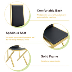 2-pack gold metal framed black PU dining chairs: ergonomic design, a simple and luxurious choice.Featuring uniquely designed gold metal legs.