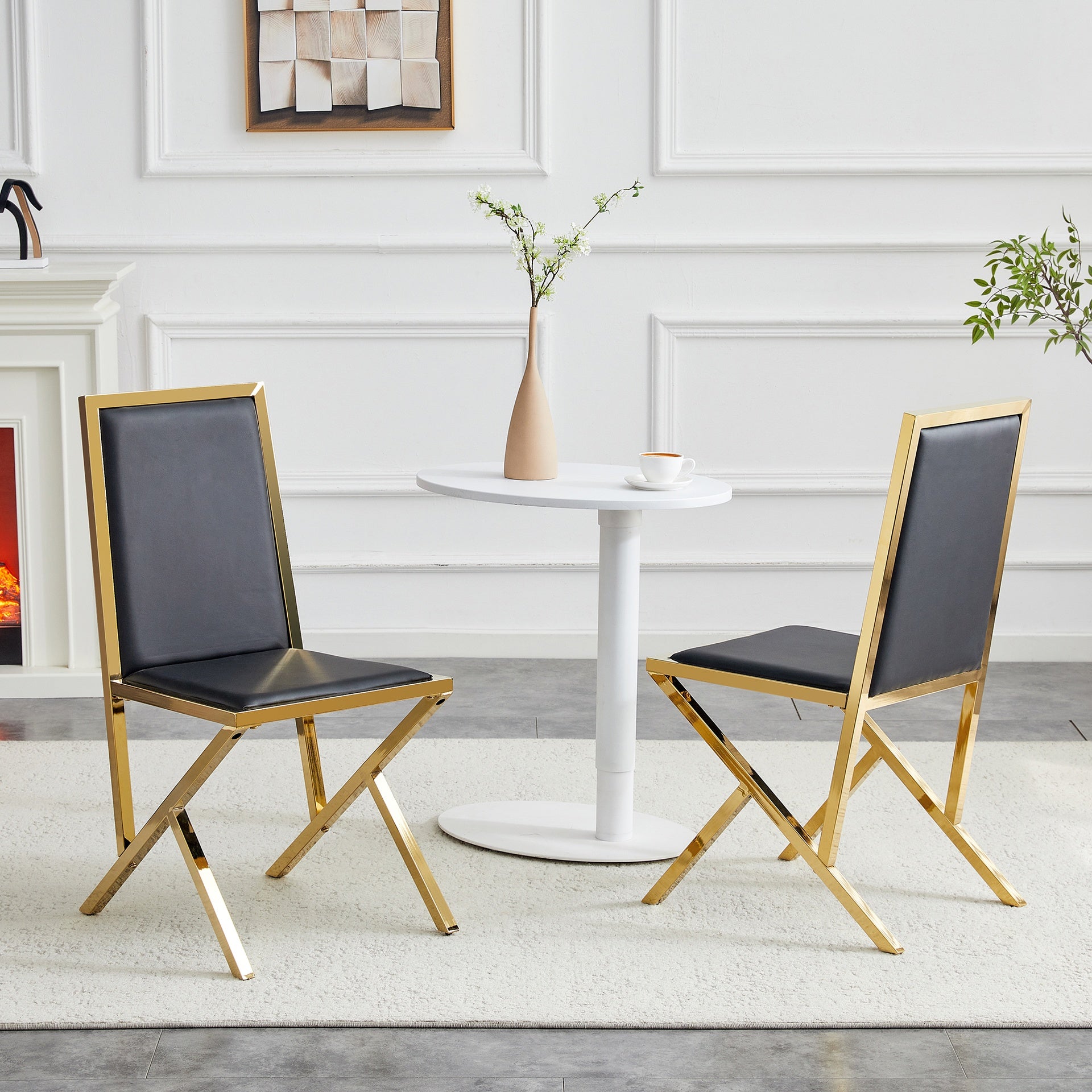 2-pack gold metal framed black PU dining chairs: ergonomic design, a simple and luxurious choice.Featuring uniquely designed gold metal legs.