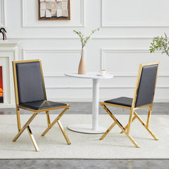 2-pack gold metal framed black PU dining chairs: ergonomic design, a simple and luxurious choice.Featuring uniquely designed gold metal legs.