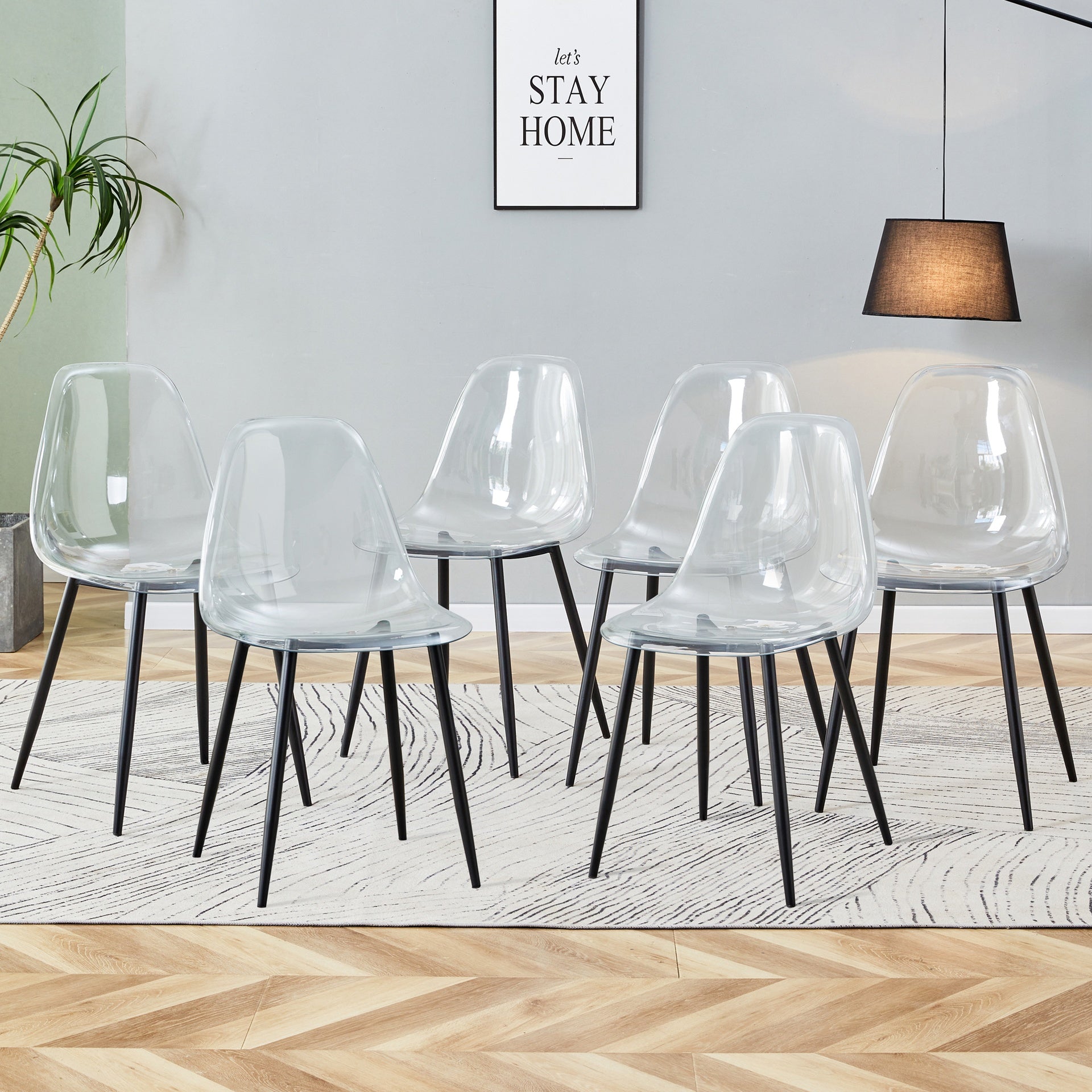 Modern minimalist transparent dining chair, plastic chair, armless crystal chair, Nordic creative makeup stool, negotiation chair, set of 6 pieces, black metal legs,TW-1200