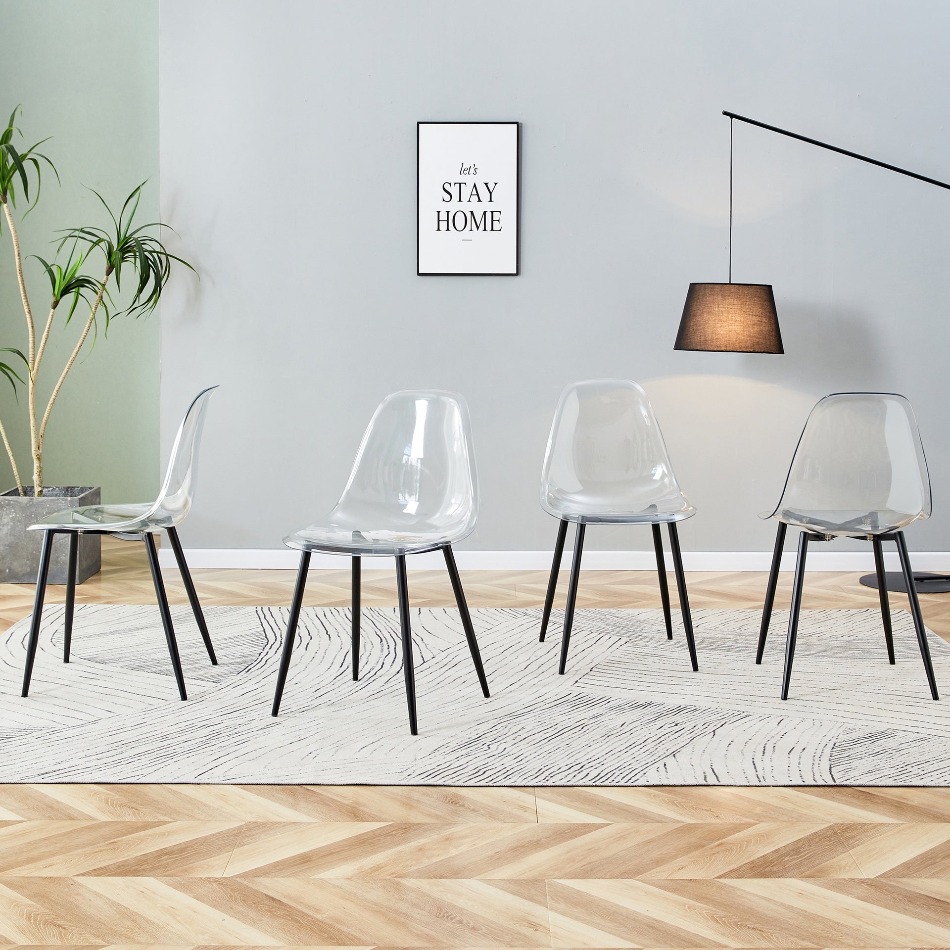 Modern minimalist transparent dining chair, plastic chair, armless crystal chair, Nordic creative makeup stool, negotiation chair, set of 6 pieces, black metal legs,TW-1200