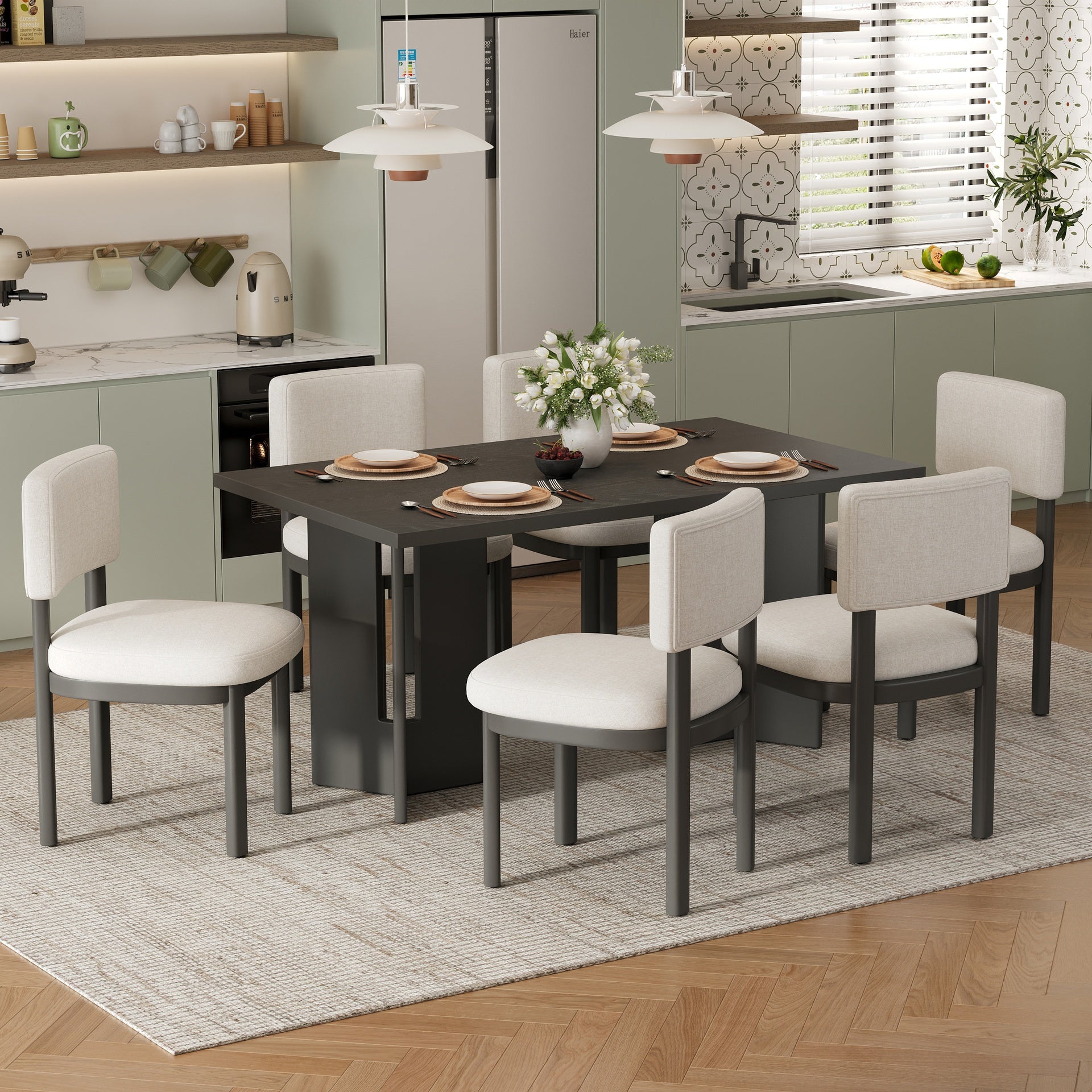 TREXM Farmhouse Wood Dining Table Set for 6 with 6 Upholstered Chairs, 60" Rectangular Dining Table with Cutout Table Legs for Dining Room, Kitchen and Living Room (Gray)