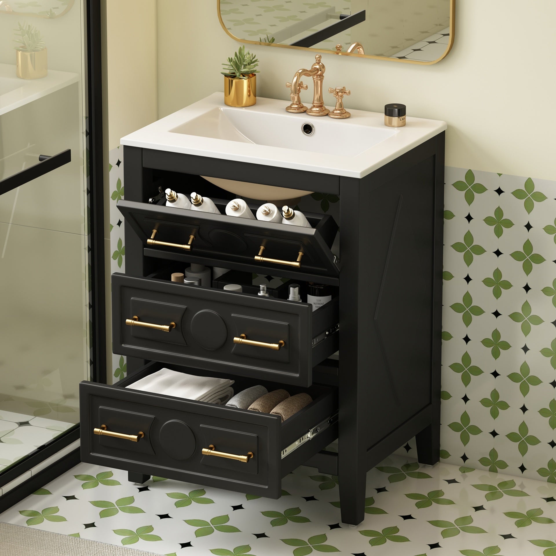 24'' Bathroom Vanity with Ceramic Sink Combo, Free Standing Single Vanity Set with 3 Drawers, Solid Wood Frame Bathroom Storage Cabinet