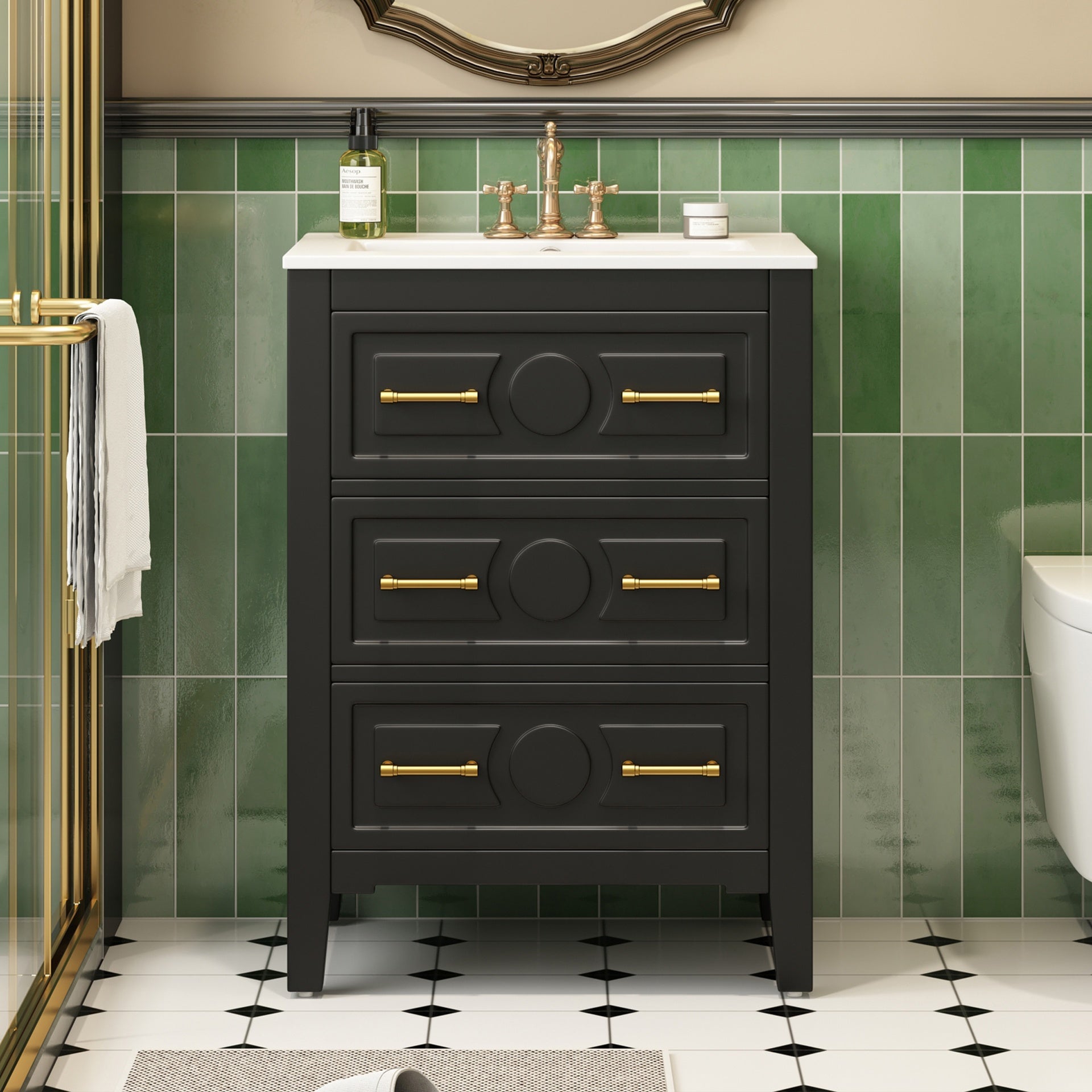 24'' Bathroom Vanity with Ceramic Sink Combo, Free Standing Single Vanity Set with 3 Drawers, Solid Wood Frame Bathroom Storage Cabinet