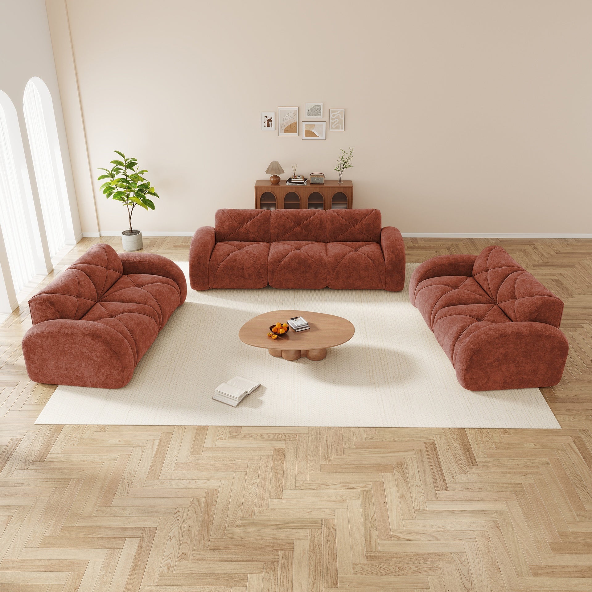 3 Piece Sofa Set Oversized Sofa Comfy Sofa Couch, 2 Pieces of 2 Seater and 1 Piece of 3 Seater Sofa for Living Room,Soft Velvet Fabric,32D High Density Sponge  Bottom,No Assembly Required,Red Brown