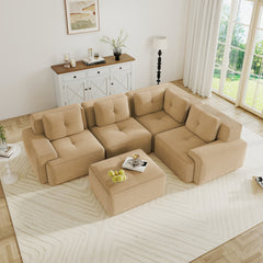 Modern Modular Sectional Sofa with 4-Seater,V Shaped  Corner Couch,Corduroy Fabric,Deep Seat for Living Room, Movable Ottoman,Pearl-like piping, Tufted Design, No Assembly, Anti-slip Design,Camel