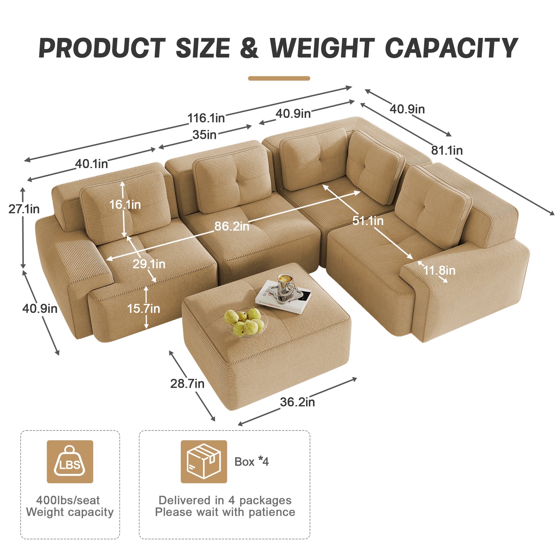 Modern Modular Sectional Sofa with 4-Seater,V Shaped  Corner Couch,Corduroy Fabric,Deep Seat for Living Room, Movable Ottoman,Pearl-like piping, Tufted Design, No Assembly, Anti-slip Design,Camel