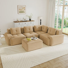 Modern Modular Sectional Sofa with 4-Seater,V Shaped  Corner Couch,Corduroy Fabric,Deep Seat for Living Room, Movable Ottoman,Pearl-like piping, Tufted Design, No Assembly, Anti-slip Design,Camel