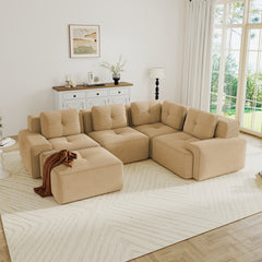Modern Modular Sectional Sofa with 4-Seater,V Shaped  Corner Couch,Corduroy Fabric,Deep Seat for Living Room, Movable Ottoman,Pearl-like piping, Tufted Design, No Assembly, Anti-slip Design,Camel