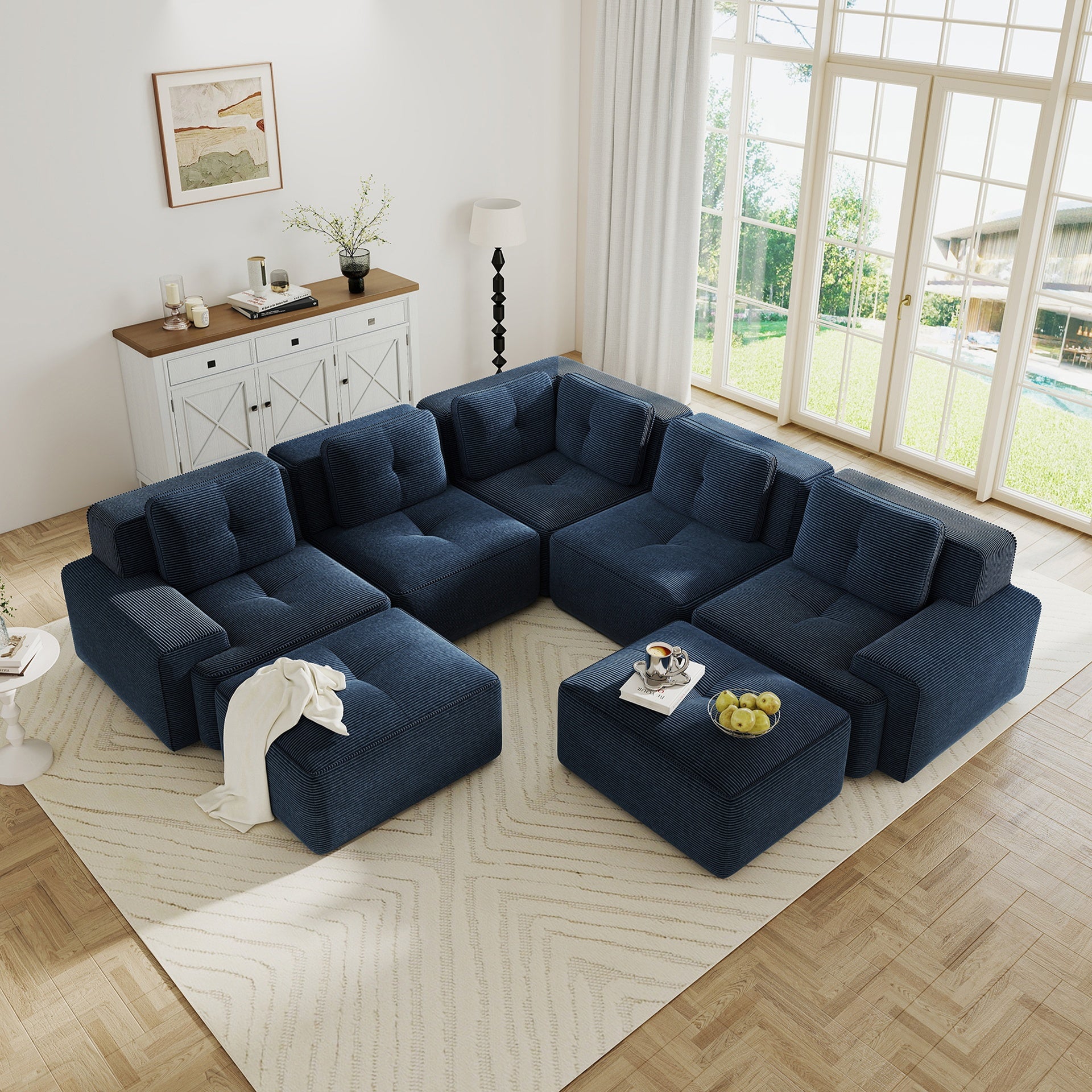 Modular Sectional Sofa with 5-Seater,V Shaped Corner Couch,Corduroy Fabric,2 Movable Ottomans, Deep Seat for Living Room, Pearl-like piping, Tufted Design, No Assembly, Anti-slip Design,Blue
