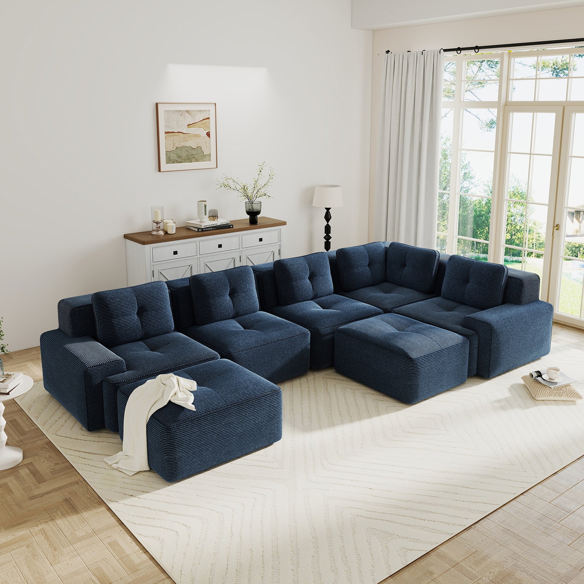 Modular Sectional Sofa with 5-Seater,V Shaped Corner Couch,Corduroy Fabric,2 Movable Ottomans, Deep Seat for Living Room, Pearl-like piping, Tufted Design, No Assembly, Anti-slip Design,Blue