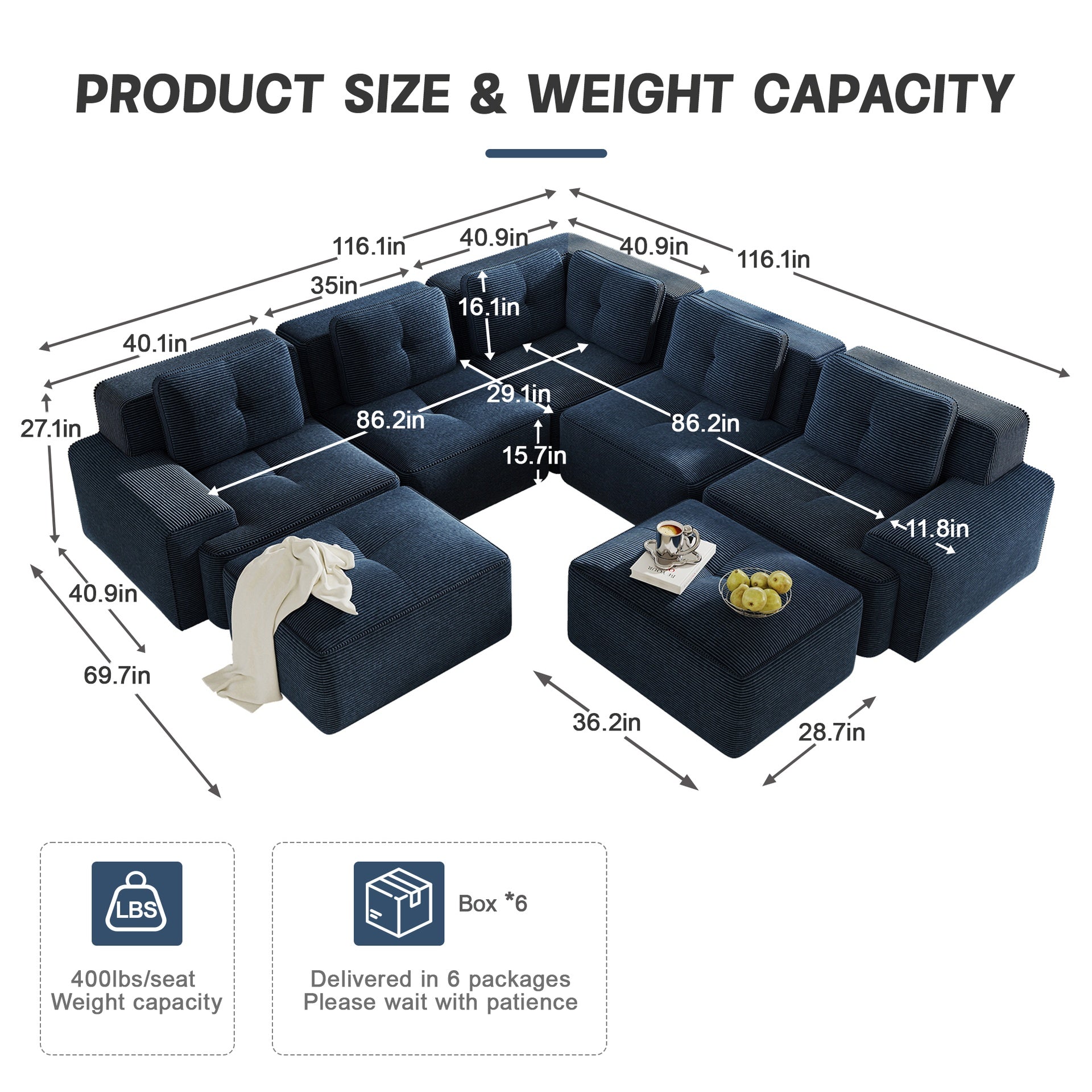 Modular Sectional Sofa with 5-Seater,V Shaped Corner Couch,Corduroy Fabric,2 Movable Ottomans, Deep Seat for Living Room, Pearl-like piping, Tufted Design, No Assembly, Anti-slip Design,Blue