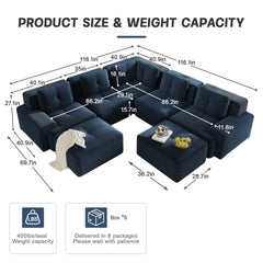 Modular Sectional Sofa with 5-Seater,V Shaped Corner Couch,Corduroy Fabric,2 Movable Ottomans, Deep Seat for Living Room, Pearl-like piping, Tufted Design, No Assembly, Anti-slip Design,Blue