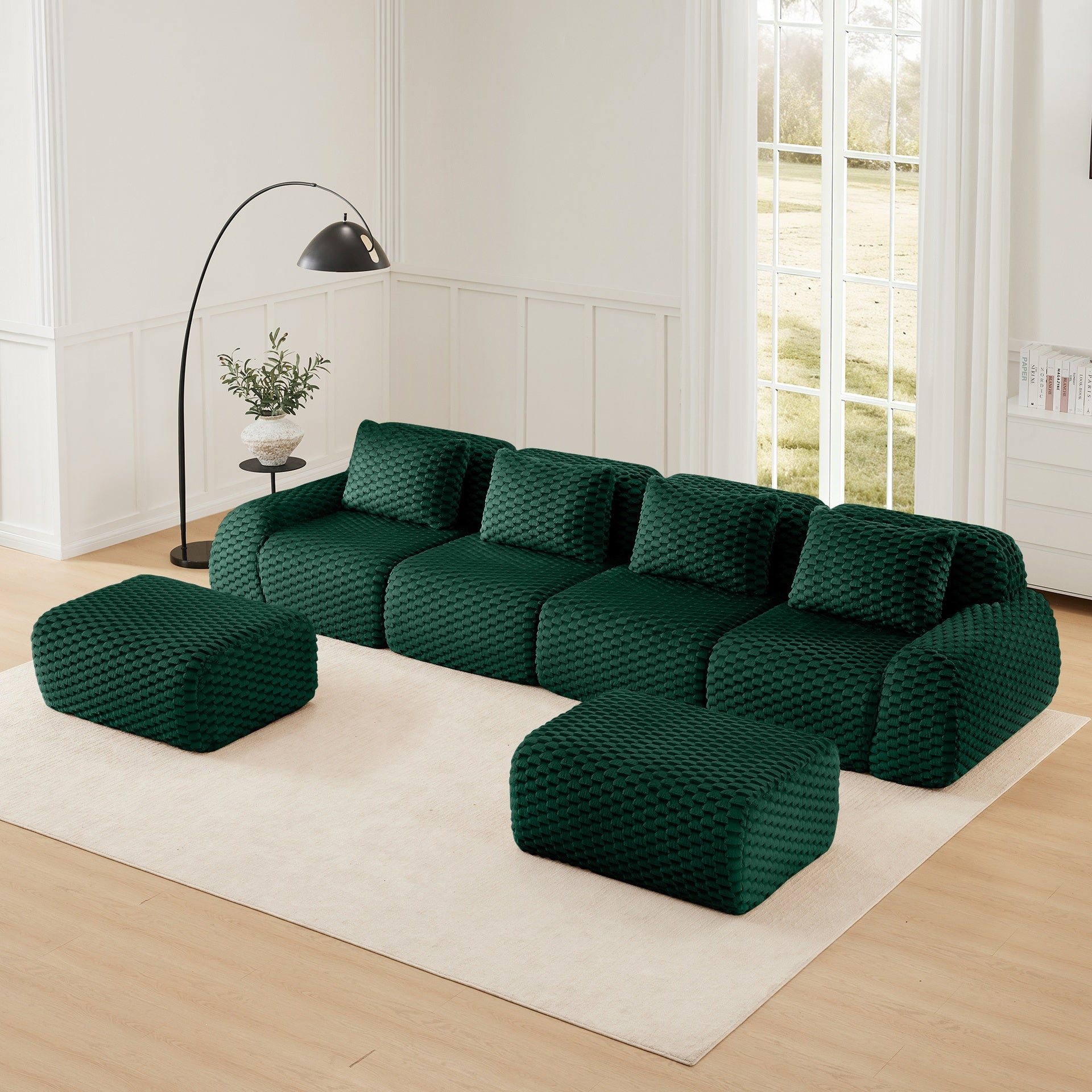 146" Modern U-Shaped Modular Sectional Sofa for Living Room,Flannelette Fabric,Oversized 4-Seater Couch,Deep Seat,Boneless sofa,Movable Ottoman,Buckle connection,Anti-slip Design,No Assembly,Green