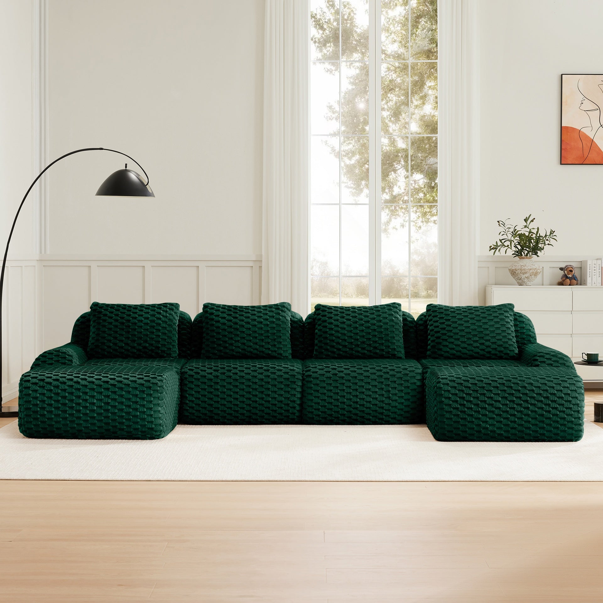 146" Modern U-Shaped Modular Sectional Sofa for Living Room,Flannelette Fabric,Oversized 4-Seater Couch,Deep Seat,Boneless sofa,Movable Ottoman,Buckle connection,Anti-slip Design,No Assembly,Green