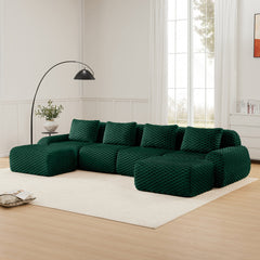146" Modern U-Shaped Modular Sectional Sofa for Living Room,Flannelette Fabric,Oversized 4-Seater Couch,Deep Seat,Boneless sofa,Movable Ottoman,Buckle connection,Anti-slip Design,No Assembly,Green