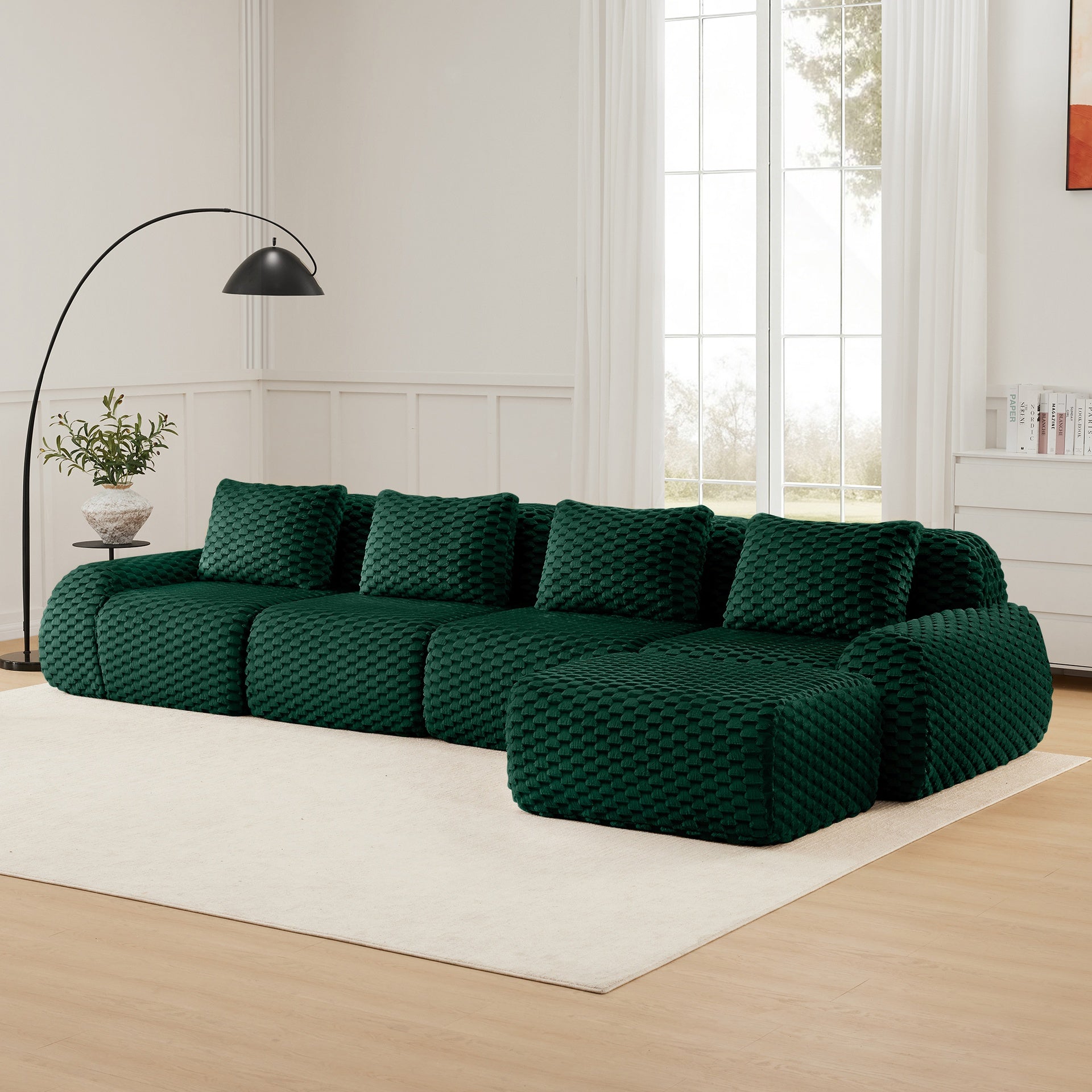 146" Modern L-Shaped Modular Sectional Sofa for Living Room,Flannelette Fabric,Oversized 4-Seater Couch,Deep Seat,Boneless sofa,Movable Ottoman,Buckle connection,Anti-slip Design,No Assembly,Green