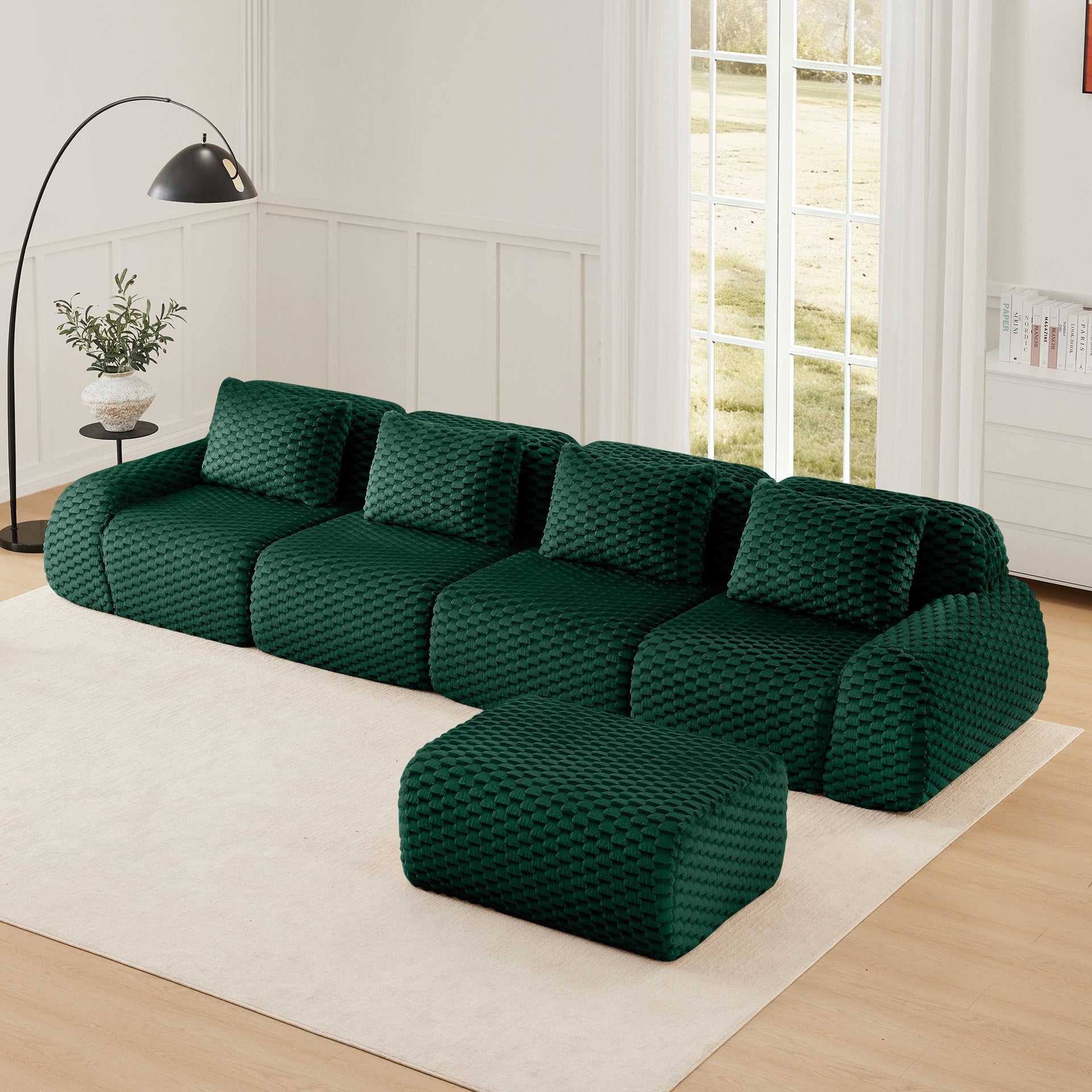 146" Modern L-Shaped Modular Sectional Sofa for Living Room,Flannelette Fabric,Oversized 4-Seater Couch,Deep Seat,Boneless sofa,Movable Ottoman,Buckle connection,Anti-slip Design,No Assembly,Green