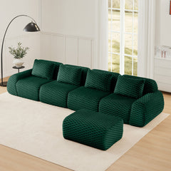 146" Modern L-Shaped Modular Sectional Sofa for Living Room,Flannelette Fabric,Oversized 4-Seater Couch,Deep Seat,Boneless sofa,Movable Ottoman,Buckle connection,Anti-slip Design,No Assembly,Green