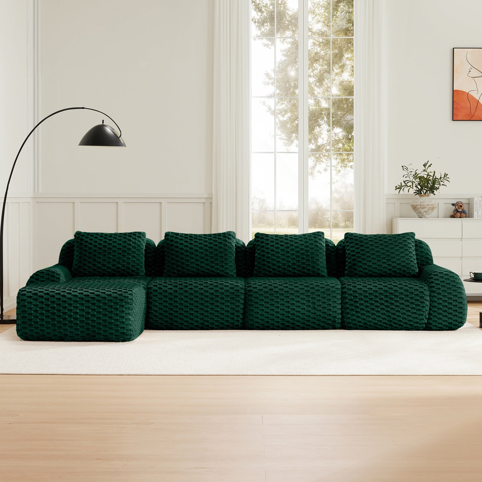 146" Modern L-Shaped Modular Sectional Sofa for Living Room,Flannelette Fabric,Oversized 4-Seater Couch,Deep Seat,Boneless sofa,Movable Ottoman,Buckle connection,Anti-slip Design,No Assembly,Green