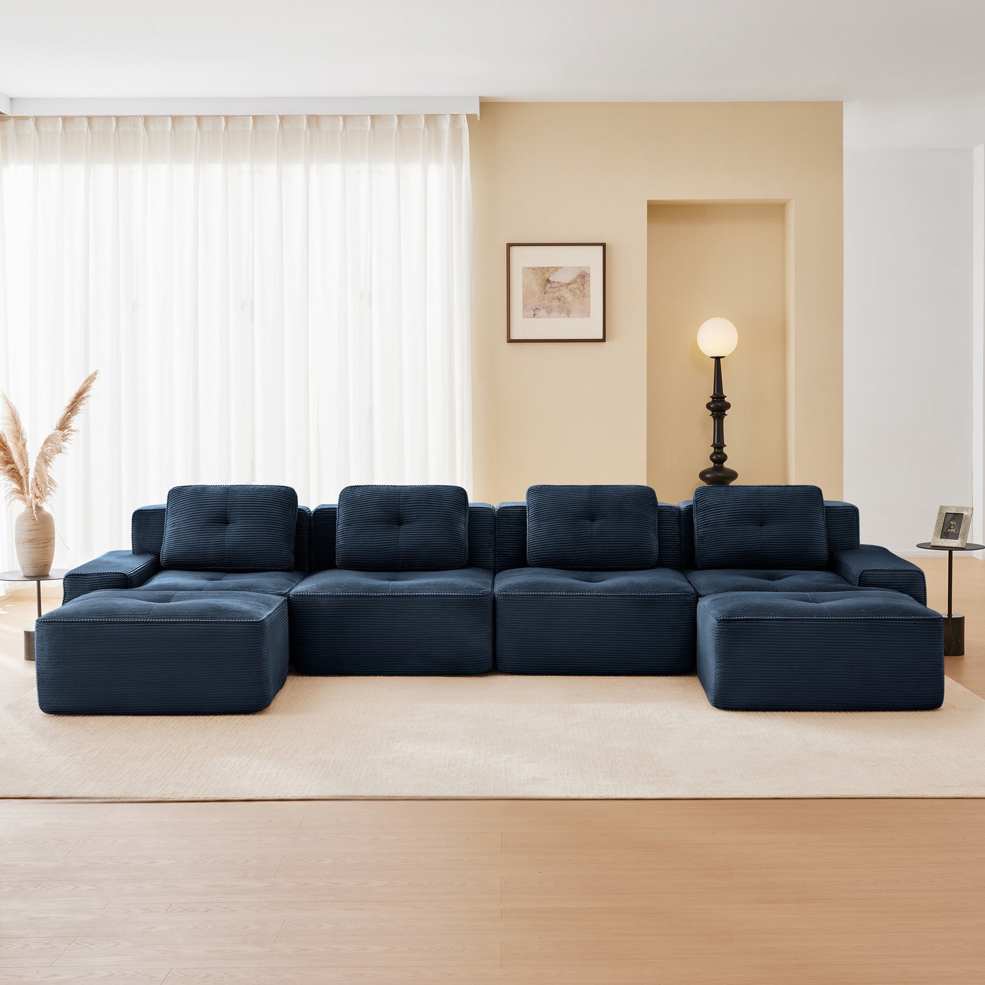 153" Modern U-Shaped Modular Sectional Sofa for Living Room, Corduroy Fabric,4-Seater Couch with Deep Seat and 2-Movable Ottoman,Pearl-like piping, Tufted Design, No Assembly, Anti-slip Design,Blue