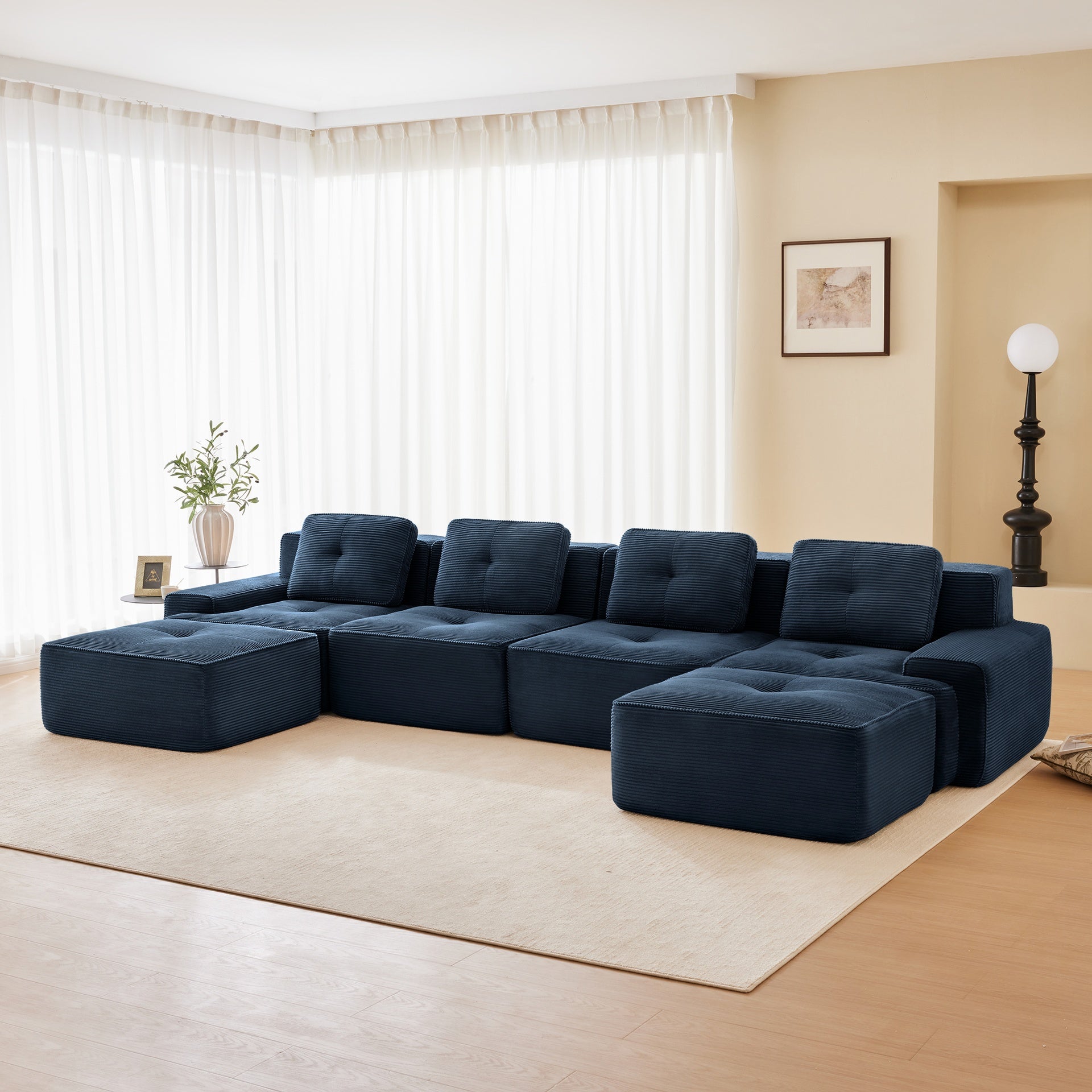 153" Modern U-Shaped Modular Sectional Sofa for Living Room, Corduroy Fabric,4-Seater Couch with Deep Seat and 2-Movable Ottoman,Pearl-like piping, Tufted Design, No Assembly, Anti-slip Design,Blue