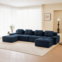 153" Modern U-Shaped Modular Sectional Sofa for Living Room, Corduroy Fabric,4-Seater Couch with Deep Seat and 2-Movable Ottoman,Pearl-like piping, Tufted Design, No Assembly, Anti-slip Design,Blue