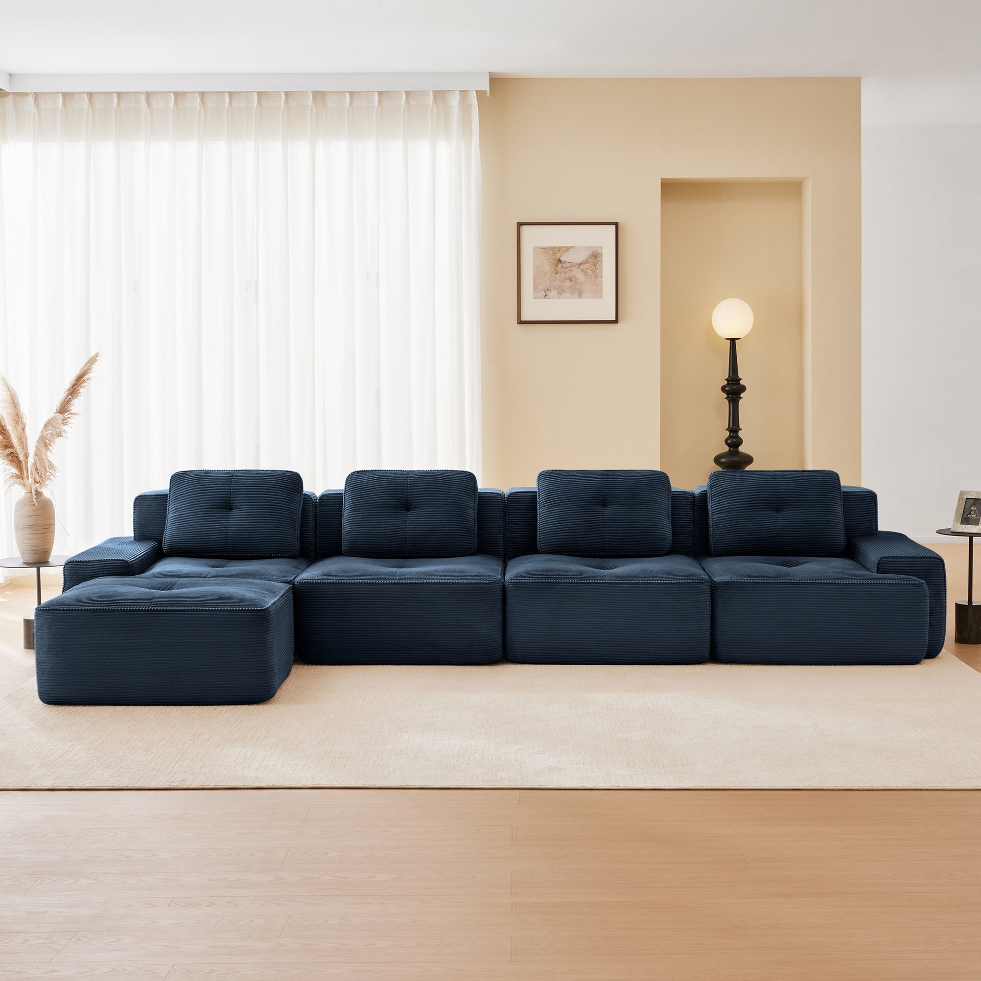 153" Modern L-Shaped Modular Sectional Sofa for Living Room, Corduroy Fabric, 4-Seater Couch with Deep Seat and Movable Ottoman, Pearl-like piping, Tufted Design, No Assembly, Anti-slip Design,Blue