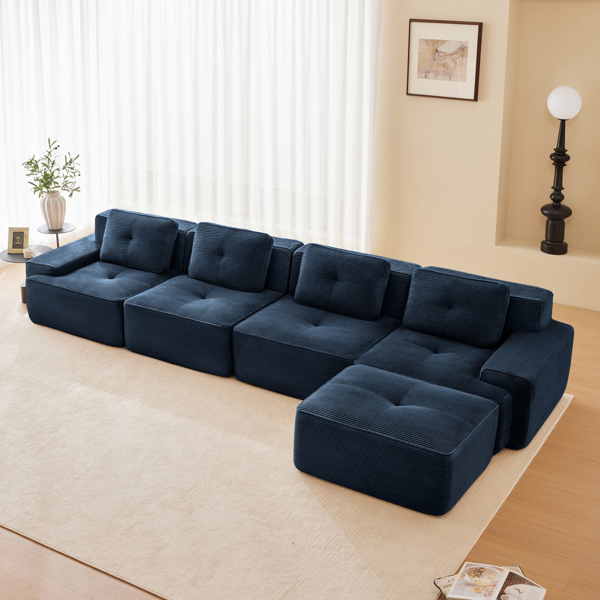 153" Modern L-Shaped Modular Sectional Sofa for Living Room, Corduroy Fabric, 4-Seater Couch with Deep Seat and Movable Ottoman, Pearl-like piping, Tufted Design, No Assembly, Anti-slip Design,Blue