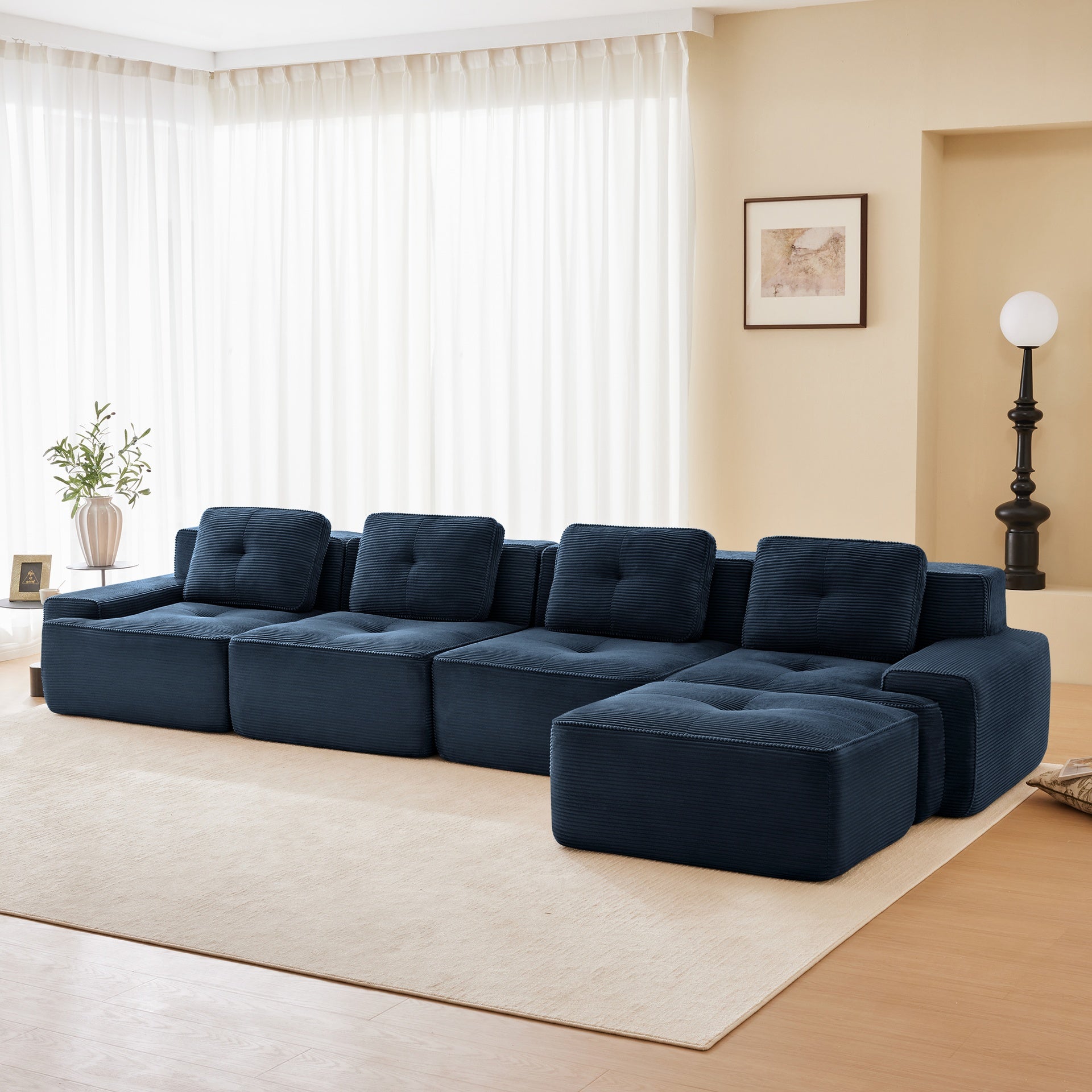 153" Modern L-Shaped Modular Sectional Sofa for Living Room, Corduroy Fabric, 4-Seater Couch with Deep Seat and Movable Ottoman, Pearl-like piping, Tufted Design, No Assembly, Anti-slip Design,Blue