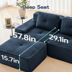 153" Modern Modular Sectional Sofa for Living Room, Corduroy Fabric,4-Seater Couch with Deep Seat, Pearl-like piping, Tufted Design, Buckle connection, No Assembly, Anti-slip Design, Blue