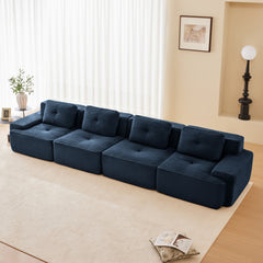 153" Modern Modular Sectional Sofa for Living Room, Corduroy Fabric,4-Seater Couch with Deep Seat, Pearl-like piping, Tufted Design, Buckle connection, No Assembly, Anti-slip Design, Blue