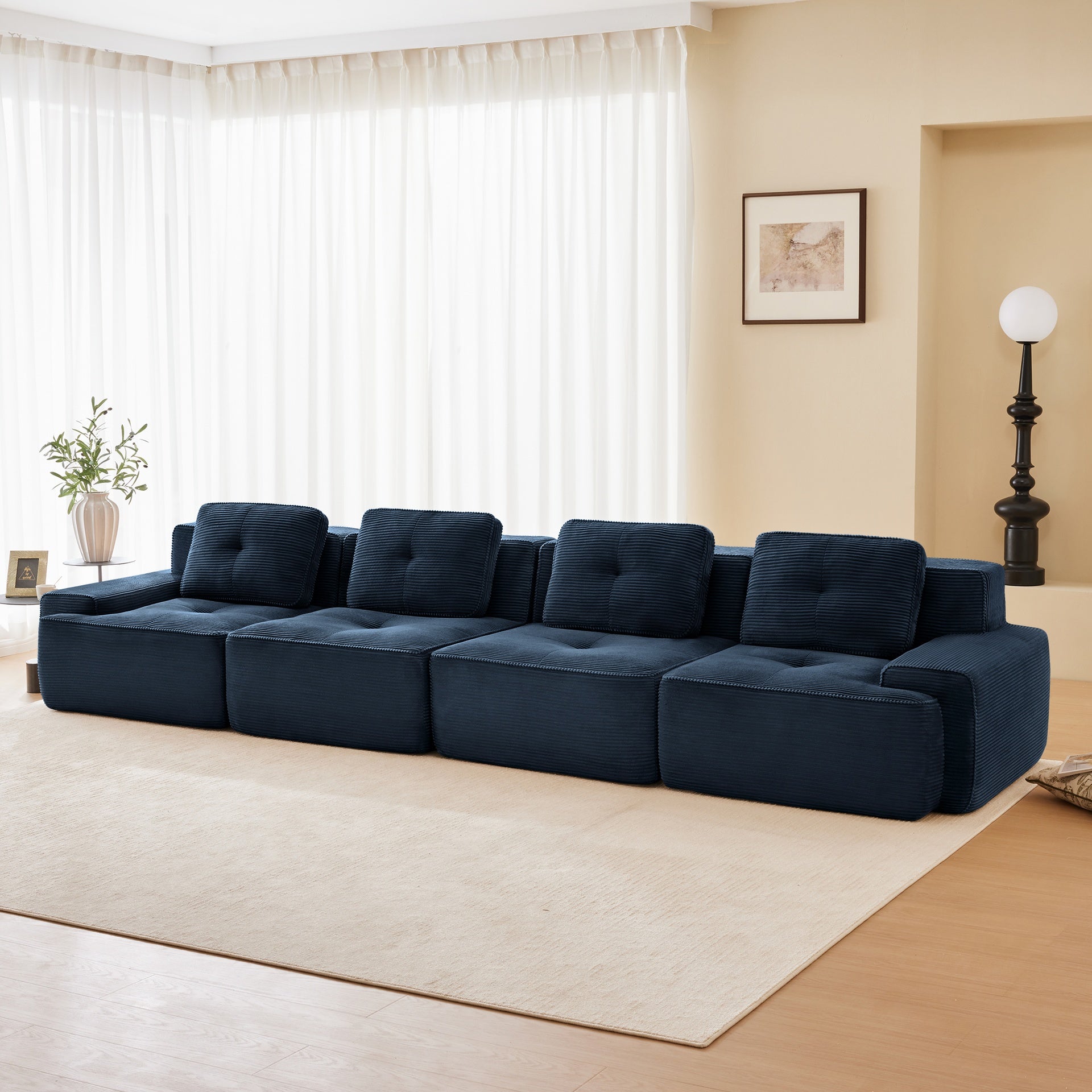 153" Modern Modular Sectional Sofa for Living Room, Corduroy Fabric,4-Seater Couch with Deep Seat, Pearl-like piping, Tufted Design, Buckle connection, No Assembly, Anti-slip Design, Blue