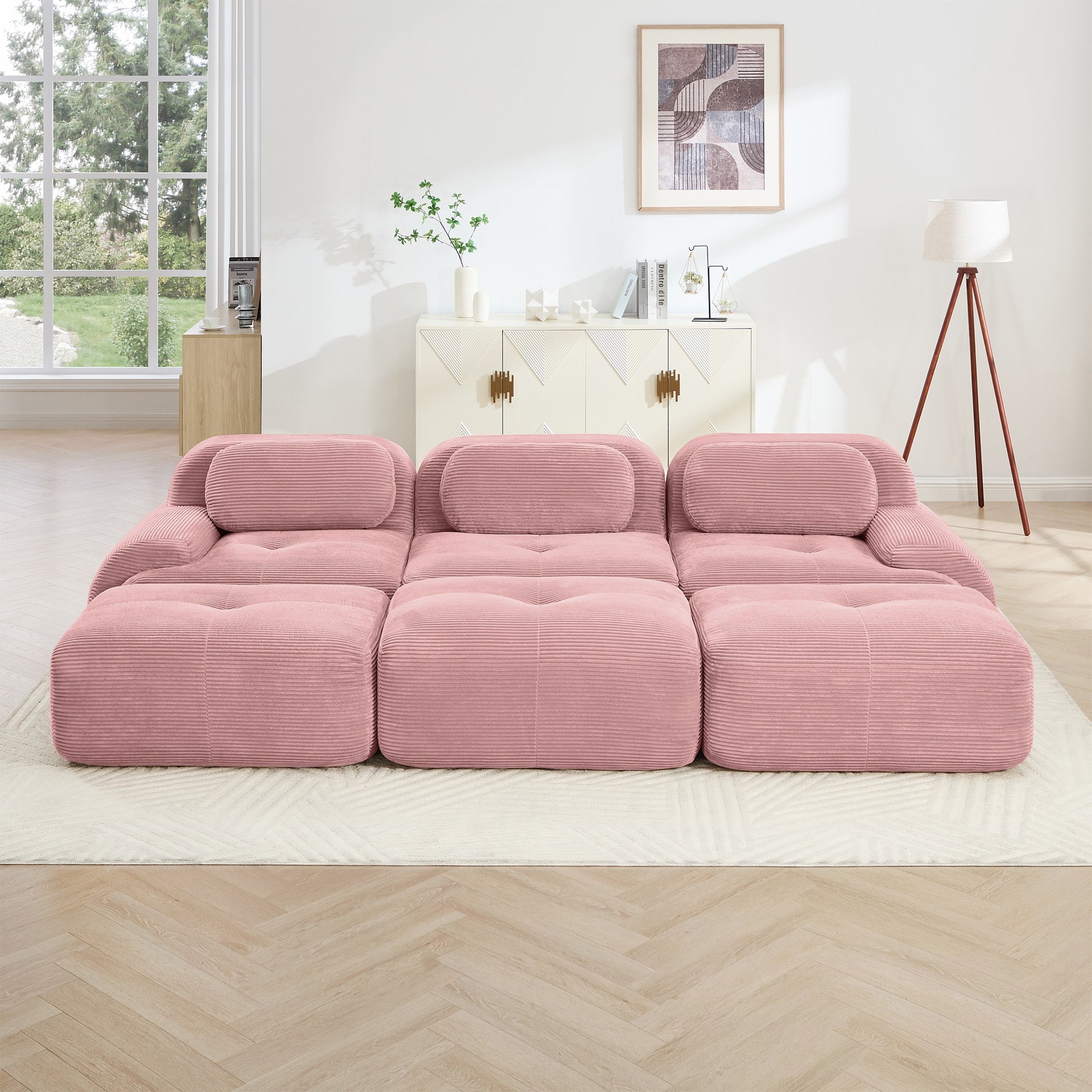 Three-seat modular sofa with 3 Ottomans corduroy fabric no assembly pet-friendly ultra-wide curved armrests 32D high-resilience sponge living rooms media rooms,Pink